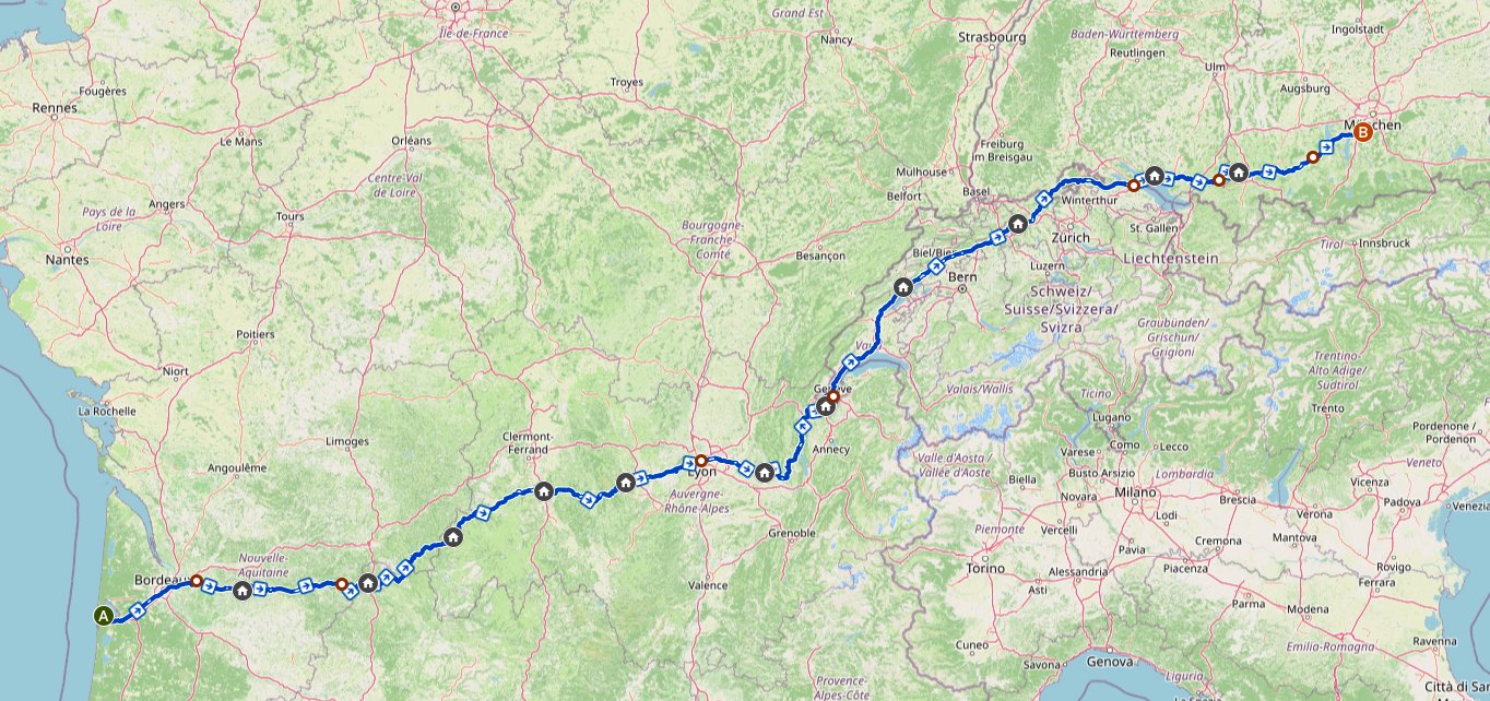 Karte der Bikepacking-Route durch Frankreich, die Schweiz und Bayern